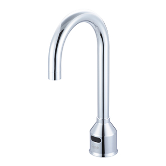 Pioneer’s Central Brass Single Hole Gooseneck Electronic Sensor Faucet (Touchless Model # 2096) is displayed on a white background. The faucet is silver with a black sensor near the bottom and a curved spout.