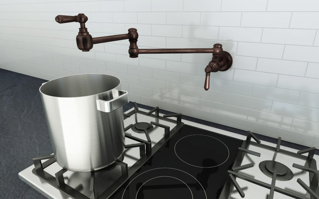 This kitchen design has a pot filler located above the stove. The pot filler is copper metal, and there is a silver metal pot set on a stove burner.