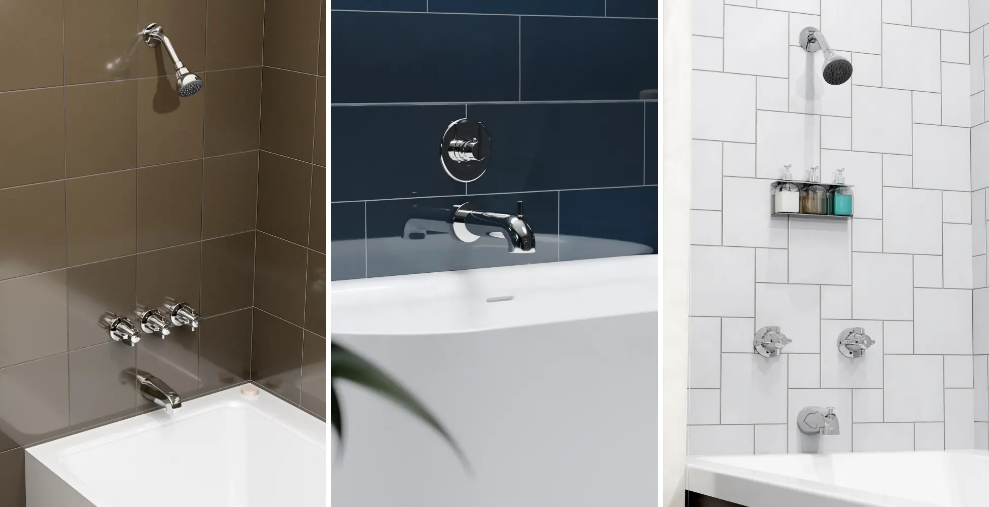 Three bathtubs featuring Pioneer faucets in a collage for the article Are Bathtubs Necessary in Multifamily Housing Design.