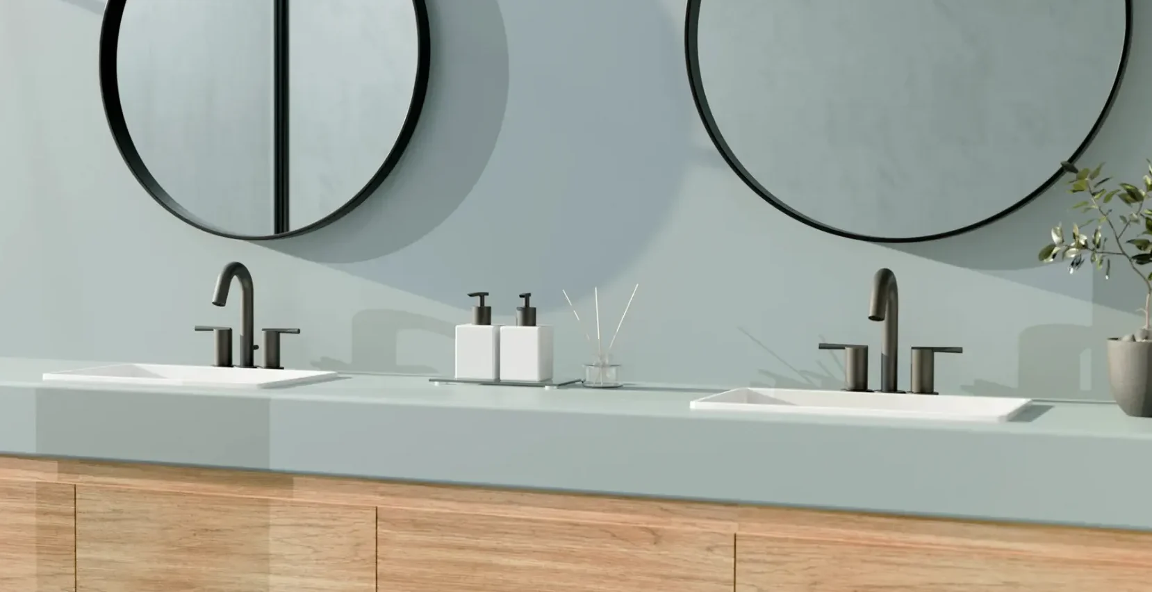 L-7420-MB Olympia Two Handle Lavatory Widespread Faucet and T-2385-MB Olympia Single Handle Shower Trim Set Lifestyle Inspiration 3D Artist Connor Davis (1)