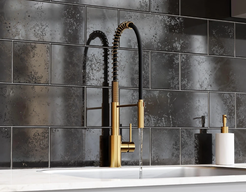 This beautiful spring faucet from Pioneer 's Motegi Collection takes care of pre-rinsing with incredible ease. Shown here with our classically beautiful brushed gold finish. 2MT270 Lifestyle Inspiration 3D Artist Connor Davis.
