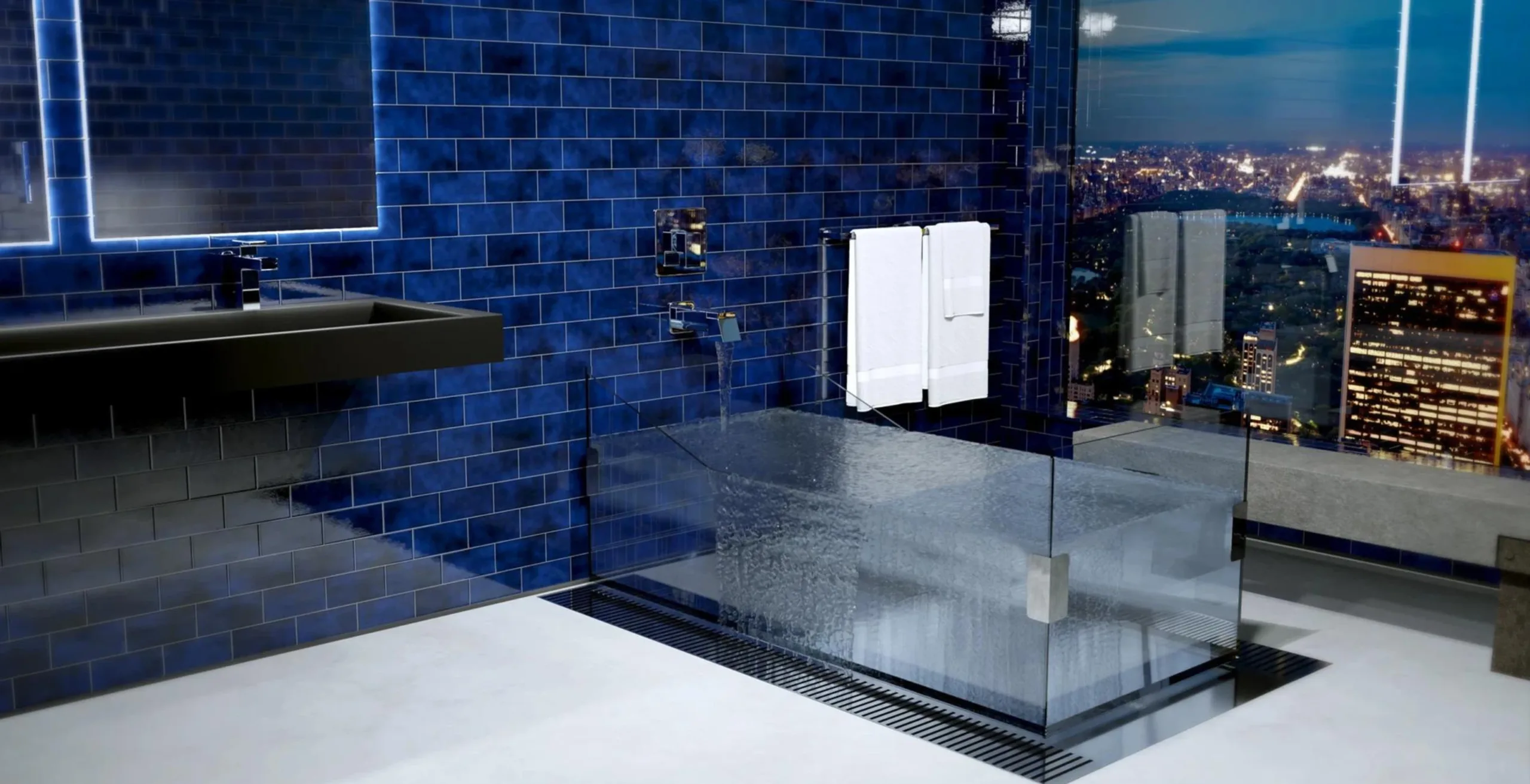An infinity bathtub in a NYC Central Park high-rise building featuring Pioneer Mod Collection faucets