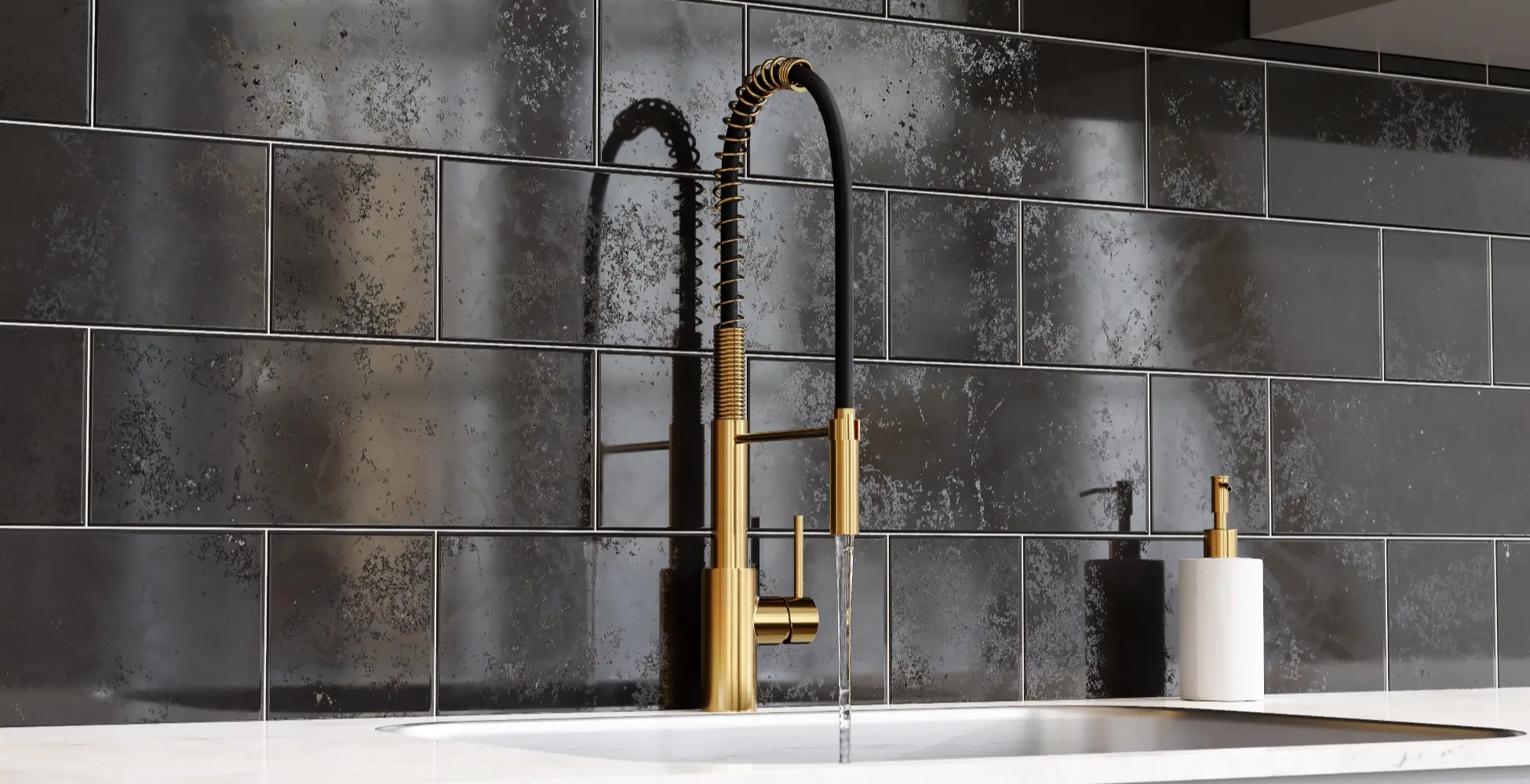 This beautiful spring faucet from Pioneer 's Motegi Collection takes care of pre-rinsing with incredible ease. Shown here with our classically beautiful brushed gold finish. 2MT270 Lifestyle Inspiration 3D Artist Connor Davis.